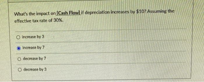 What's the impact on [Cash Flow] if depreciation increases by $10? Assuming the
effective tax rate of 30%.
Increase by 3
Increase by 7
O decrease by 7
O decrease by 3