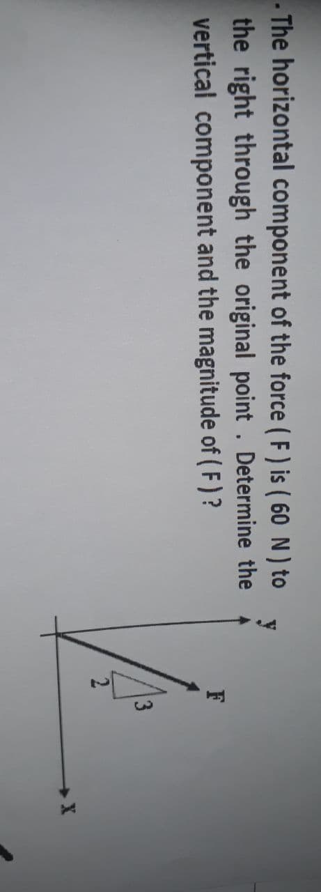 - The horizontal component of the force ( F ) is ( 60 N) to
the right through the original point . Determine the
vertical component and the magnitude of ( F )?
F
