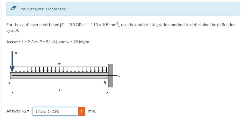Your answer is incorrect.
For the cantilever steel beam [E = 190 GPa; I= 113 x 106 mm4), use the double-integration method to determine the deflection
VA at A.
Assume L = 2.3 m, P = 51 kN, and w = 28 kN/m.
В
L
Answer: VA =
17.2 or 14.195|
mm.
