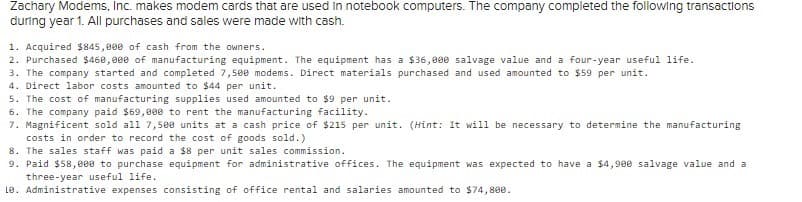 Zachary Modems, Inc. makes modem cards that are used in notebook computers. The company completed the following transactions
during year 1. All purchases and sales were made with cash.
1. Acquired $845 ,000 of cash from the owners.
2. Purchased $460,000 of manufacturing equipment. The equipment has a $36,000 salvage value and a four-year useful life.
3. The company started and completed 7,500 modems. Direct materials purchased and used amounted to $59 per unit.
4. Direct labor costs amounted to $44 per unit.
5. The cost of manufacturing supplies used amounted to $9 per unit.
6. The company paid $69,800 to rent the manufacturing facility.
7. Magnificent sold all 7,500 units at a cash price of $215 per unit. (Hint: It will be necessary to determine the manufacturing
costs in order to record the cost of goods sold.)
8. The sales staff was paid a $8 per unit sales commission.
9. Paid $58, 000 to purchase equipment for administrative offices. The equipment was expected to have a $4,900 salvage value and a
three-year useful life.
L0. Administrative expenses consisting of office rental and salaries amounted to $74,800.
