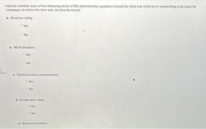 0
ences
Indicate whether each of the following items of IRS administrative guidance should be cited and relied on in researching a tax issue for
a taxpayer to whom the item was not directly issued.
a. Revenue ruling.
Yes
No
b. IRS Publication.
Yes
No
c. Technical advice memorandum.
Yes
ONO
d. Private letter ruling.
Yes
No
e. Revenue procedure.