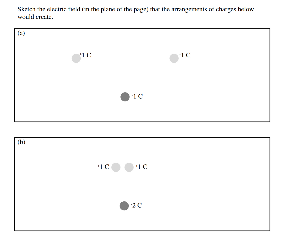 Sketch the electric field (in the plane of the page) that the arrangements of charges below
would create.
(a)
+1 C
+1 C
-1 C
(b)
+1 C
+1 C
2 C
