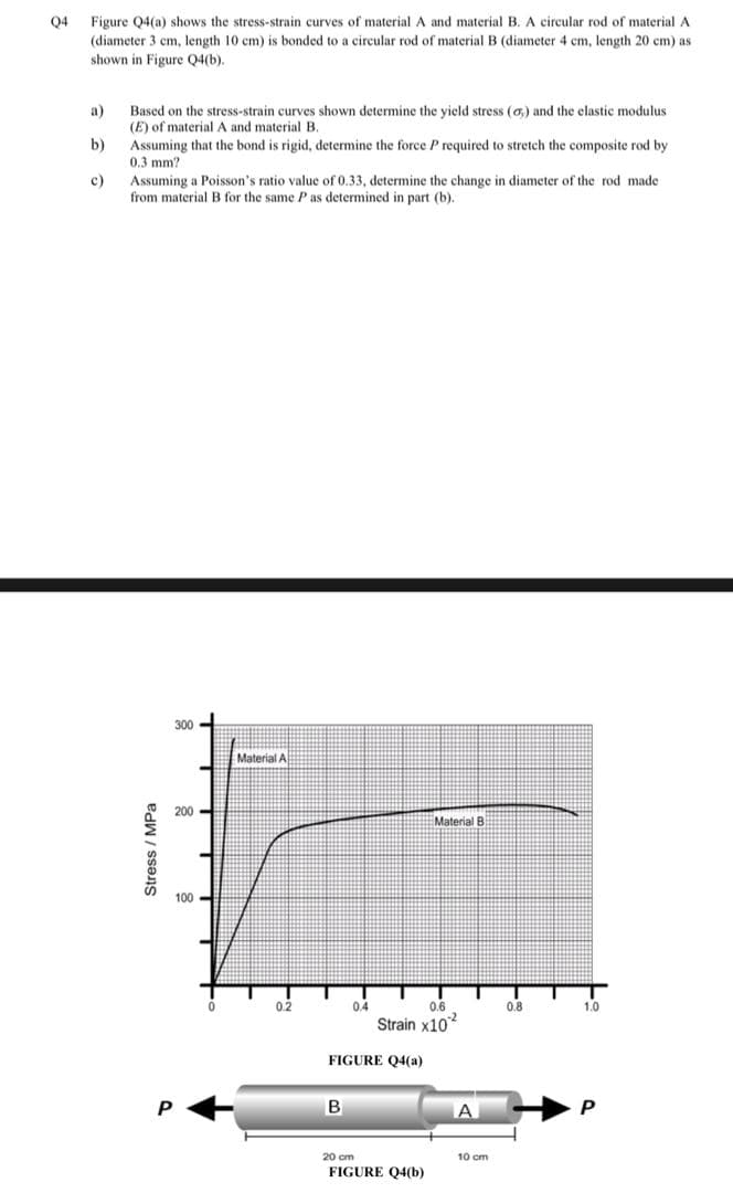 Q4
Figure Q4(a) shows the stress-strain curves of material A and material B. A circular rod of material A
(diameter 3 cm, length 10 cm) is bonded to a circular rod of material B (diameter 4 cm, length 20 cm) as
shown in Figure Q4(b).
a)
Based on the stress-strain curves shown determine the yield stress (a,) and the elastic modulus
(E) of material
and material B.
b)
Assuming that the bond is rigid, determine the force P required to stretch the composite rod by
0.3 mm?
c)
Assuming a Poisson's ratio value of 0.33, determine the change in diameter of the rod made
from material B for the same P as determined in part (b).
300
Material A
200
Material B
100
0.2
0.4
0.6
0.8
1.0
Strain x10
FIGURE Q4(a)
B
P
20 cm
10 cm
FIGURE Q4(b)
Stress / MPa
