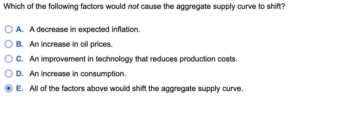 Which of the following factors would not cause the aggregate supply curve to shift?
A. A decrease in expected inflation.
B. An increase in oil prices.
C. An improvement in technology that reduces production costs.
D. An increase in consumption.
E. All of the factors above would shift the aggregate supply curve.