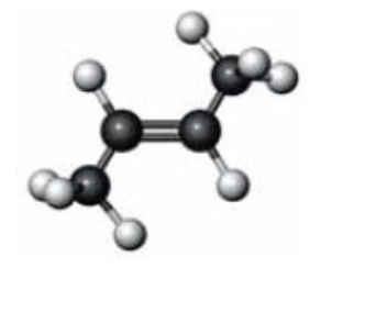 ### Ethene (Ethylene) Molecular Model

This image is a molecular model of Ethene, also known as Ethylene, a hydrocarbon with the chemical formula \( C_2H_4 \).

**Structure Explanation:**

- **Carbon Atoms (Black Spheres):** The model shows two carbon atoms each represented by black spheres. These carbon atoms are double-bonded to each other. 
- **Hydrogen Atoms (White Spheres):** Each carbon atom is also single-bonded to two hydrogen atoms, represented by white spheres.
- **Double Bond:** The double bond between the two carbon atoms is shown using two connecting lines. This bond is crucial for the chemical properties of ethene.

**Chemical Bonding:**

- **Sigma and Pi Bonds:** In ethene, the carbon atoms are double-bonded via a combination of one sigma (σ) bond and one pi (π) bond.
- **Geometry:** The geometry around each carbon atom is planar and triangular, with a bond angle of approximately 120 degrees.

**Applications:**
Ethene is an important basic building block in the petrochemical industry and is widely used in the production of polyethylene, a common plastic. It is also used in the synthesis of various organic compounds and in agriculture as a plant hormone that regulates growth.

Understanding the structure and bonding in ethene is fundamental for students studying organic chemistry and materials science. This molecular representation helps in visualizing the bonding and geometry of the molecule, providing a clearer understanding of its chemical behavior and reactivity.