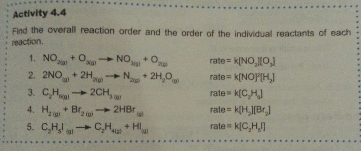 Activity 4.4
Find the overall reaction order and the order of the individual reactants of each
reaction.
1. NO,
+ O sta)
2(g)
NO.
+.
2(g)
rate= k[NO,[O,]
3(g)
+ 2H,O
rate= k[NOP[H,
2. 2NO+ 2H,
2CH )
2(g)
→N
2(g)
3. C,Ho)
w
6(g)
rate= k[C,H,]
4. Ha+ Br2 ()
2HBR
()
rate= k[H,J[Br,]
rate= k[C,H,]
5. C,H,I C,H + HI
4(g)
(6),
