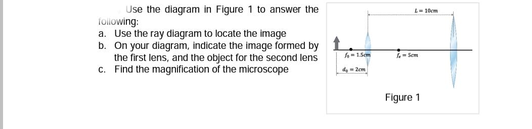 Use the diagram in Figure 1 to answer the
L= 10cm
following:
a. Use the ray diagram to locate the image
b. On your diagram, indicate the image formed by
the first lens, and the object for the second lens
c. Find the magnification of the microscope
fo = 1.5cm
fe = Scm
d, = 2cm
Figure 1
