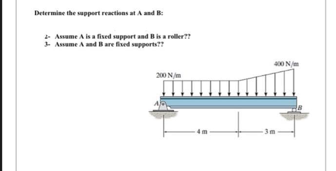 Determine the support reactions at A and B:
2- Assume A is a fixed support and B is a roller??
3- Assume A and B are fixed supports??
200 N/m
4m
400 N/m
-3m