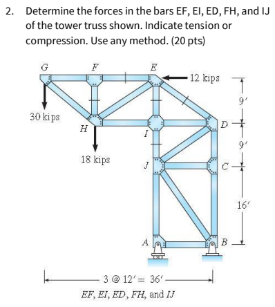 2. Determine the forces in the bars EF, EI, ED, FH, and IJ
of the tower truss shown. Indicate tension or
compression. Use any method. (20 pts)
G
F
E
12 kips
9'
30 ki ps
H
9'
18 kips
C-
16'
A
B
- 3 @ 12'= 36'.
EF, EI, ED, FH, and IJ
