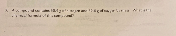 A compound contains 30.4 g of nitrogen and 69.6 g of oxygen by mass. What is the
chemical formula of this compound?
