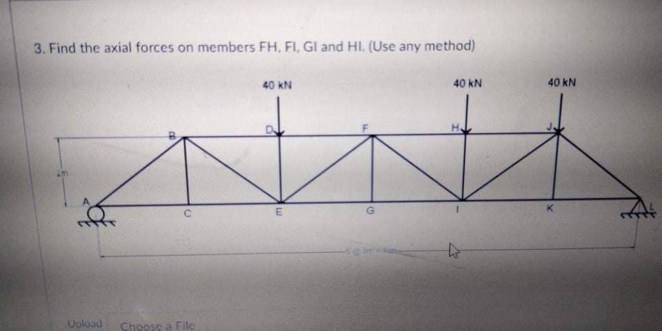 3. Find the axial forces on members FH, FI, GI and HI. (Use any method)
40 kN
40 kN
40 kN
H
Upload
Choose a File
