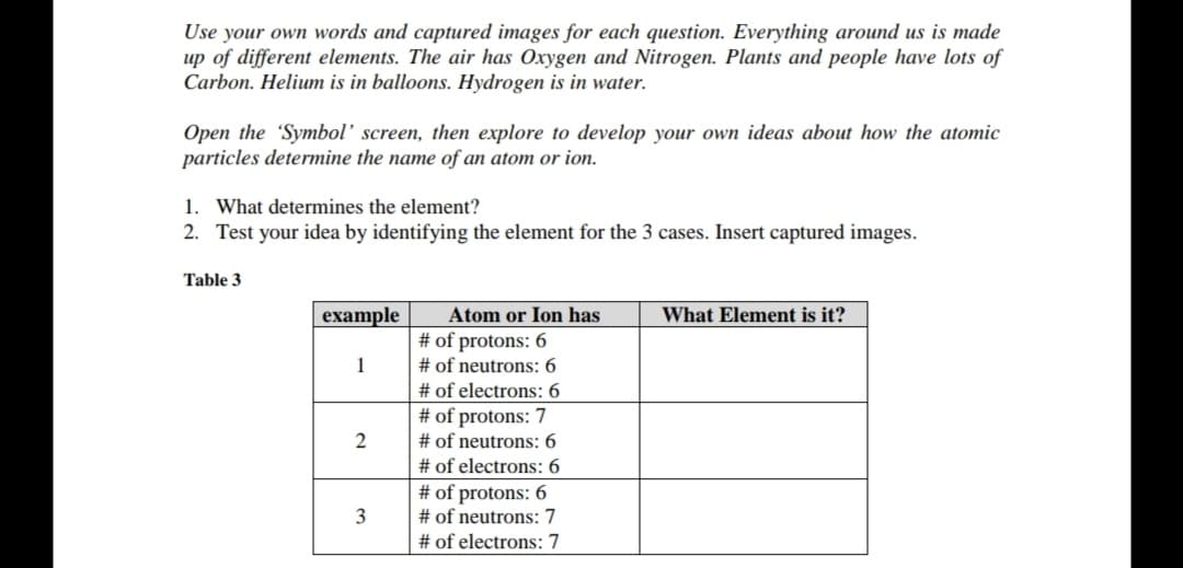 Use your own words and captured images for each question. Everything around us is made
up of different elements. The air has Oxygen and Nitrogen. Plants and people have lots of
Carbon. Helium is in balloons. Hydrogen is in water.
Open the 'Symbol' screen, then explore to develop your own ideas about how the atomic
particles determine the name of an atom or ion.
1. What determines the element?
2. Test your idea by identifying the element for the 3 cases. Insert captured images.
Table 3
example
Atom or Ion has
What Element is it?
# of protons: 6
# of neutrons: 6
1
# of electrons: 6
# of protons: 7
# of neutrons: 6
2
# of electrons: 6
# of protons: 6
3
# of neutrons: 7
# of electrons: 7
