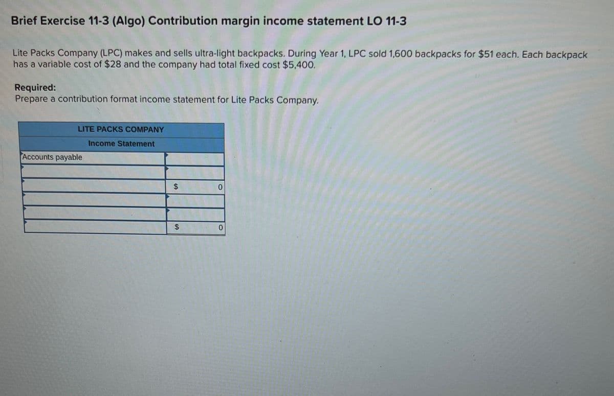 Brief Exercise 11-3 (Algo) Contribution margin income statement LO 11-3
Lite Packs Company (LPC) makes and sells ultra-light backpacks. During Year 1, LPC sold 1,600 backpacks for $51 each. Each backpack
has a variable cost of $28 and the company had total fixed cost $5,400.
Required:
Prepare a contribution format income statement for Lite Packs Company.
LITE PACKS COMPANY
Income Statement
Accounts payable
$
0
EA
$
0