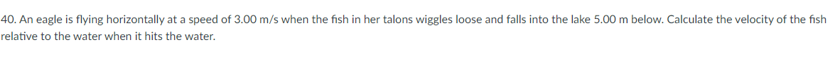 40. An eagle is flying horizontally at a speed of 3.00 m/s when the fish in her talons wiggles loose and falls into the lake 5.00 m below. Calculate the velocity of the fish
relative to the water when it hits the water.
