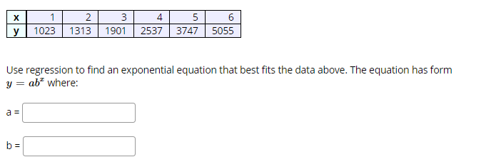 3
4
6
y
1023
1313 1901
2537 3747
5055
Use regression to find an exponential equation that best fits the data above. The equation has form
ab² where:
a =
b =
