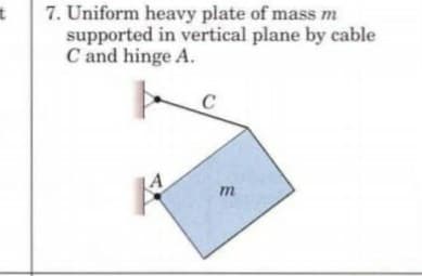 7. Uniform heavy plate of mass m
supported in vertical plane by cable
C and hinge A.
