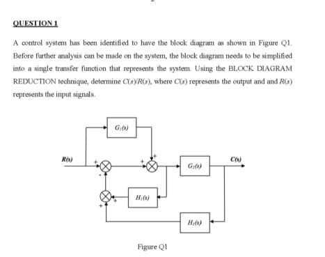 QUESTION 1
A control system has been identified to have the block diagram as shown in Figure Q1.
Before further analysis can be made on the system, the block diagram needs to be simplified
into a single transfer function that represents the system. Using the BLOCK DIAGRAM
REDUCTION technique, determine C(s)/R(s), where C(s) represents the output and and R(s)
represents the input signals.
R(s)
G₁(s)
H(s)
Figure Q1
G:(s)
H:(s)
C(s)