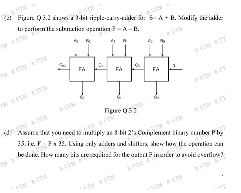 35, i.e. F = P x 35. Using only adders and shifters, show how t
(c)
UTM
(c) Figure Q.3.2 shows a 3-bit ripple-carry-adder for S= A + B. Modify the adder
to perform the subtraction operation F = A – B.
& UTM
TM & UTM
A2 B2
A1 B1
5 UTM
Ao
Во
TM & UTM ở UTM
Cout
FA
C1
8 UTM & UT"
FA
Co
FA
TM & UTM 8 UTM
S2
5 UTM & UT"
& UTM
So
Td)s UTM & UTM
Figure Q.3.2
UTM
Assume that you need to multiply an 8-bit 2
8 UTM & UT
35, i.e. F = P x 35. Using only adders and shifters, show how the operation can
UTM &UTM
UTM 5 UTM
2's Complement binary number P by
,UT
5 UTM 9
UTM 5 UTM
UTM
- UTM 5 UTM
8 UTM
UTM 5 UTM
UT
