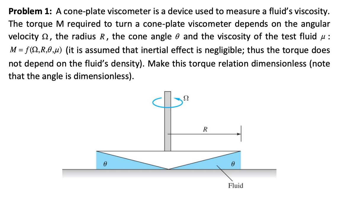 Problem 1: A cone-plate viscometer is a device used to measure a fluid's viscosity.
The torque M required to turn a cone-plate viscometer depends on the angular
velocity, the radius R, the cone angle and the viscosity of the test fluid μ:
M = f(Q,R,0,µ) (it is assumed that inertial effect is negligible; thus the torque does
not depend on the fluid's density). Make this torque relation dimensionless (note
that the angle is dimensionless).
0
Ω
q.
R
Fluid