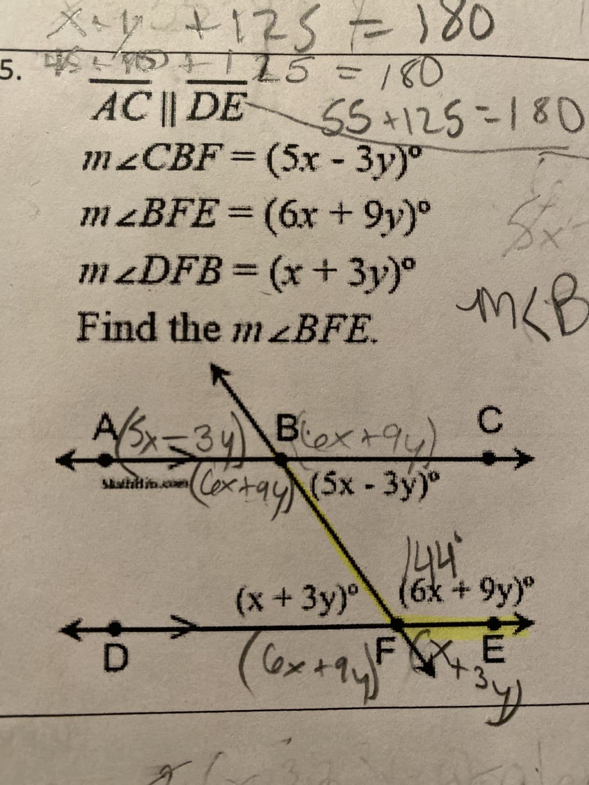 **Transcription and Explanation:**

In this geometry problem, we have parallel lines \( \overline{AC} \parallel \overline{DE} \) and several angle measures expressed in terms of variables \( x \) and \( y \). The objective is to find the measure of \( \angle BFE \).

Given:
- \( m\angle CBF = (5x - 3y)^\circ \)
- \( m\angle BFE = (6x + 9y)^\circ \)
- \( m\angle DFB = (x + 3y)^\circ \)

**Diagram Explanation:**

The diagram depicts two parallel lines \( \overline{AC} \) and \( \overline{DE} \) intersected by a transversal line \( \overline{BF} \). Angles are labeled on this diagram as follows:

- \( \angle CBF \) is labeled as \( (5x - 3y)^\circ \)
- \( \angle BFE \) is labeled as \( (6x + 9y)^\circ \)
- \( \angle DFB \) is labeled as \( (x + 3y)^\circ \)

There is an additional labeling of angles along the lines:

- \( \angle ABF = (5x - 3y)^\circ \)
- \( \angle BFD = (x + 3y)^\circ \)
- The internal point \( F \) creates alternate angles with \( \overline{DE} \).

The text also indicates some calculations adjacent to the diagram. It notes \( 5x + 125 = 180 \) and \( 55 + 125 = 180 \). This suggests these calculations are part of solving for the angle \( \angle BFE \).

**Solution Process:**

When solving this kind of problem, especially with angles involving transversals and parallel lines, consider properties like alternate interior angles and corresponding angles to derive equations. By solving these equations, you can find specific values for \( x \) and \( y \) that help calculate the desired angle measures.