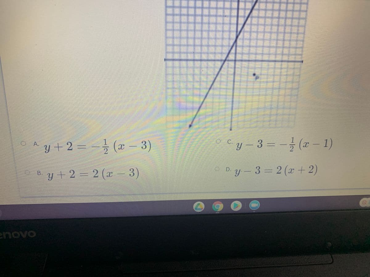 OAy+ 2 = - (x - 3)
GA.
3 (a - 3)
Cy-3 = - (x 1)
B. y+2= 2 (x - 3)
y + 2
D.y-3 2 (x + 2)
