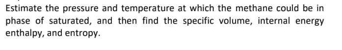 Estimate the pressure and temperature at which the methane could be in
phase of saturated, and then find the specific volume, internal energy
enthalpy, and entropy.
