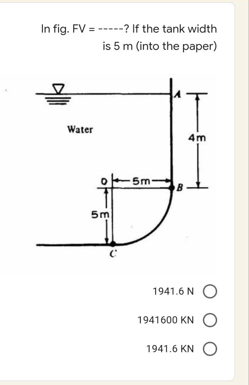 In fig. FV =
Water
--? If the tank width
is 5 m (into the paper)
4m
0
5m
C
5m
B
1941.6 N
1941600 KN
1941.6 KN