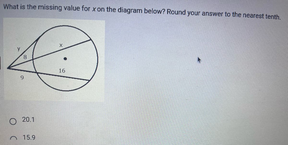 What is the missing value for x on the diagram below? Round your answer to the nearest tenth.
y
8
9
O 20.1
15.9
X
16