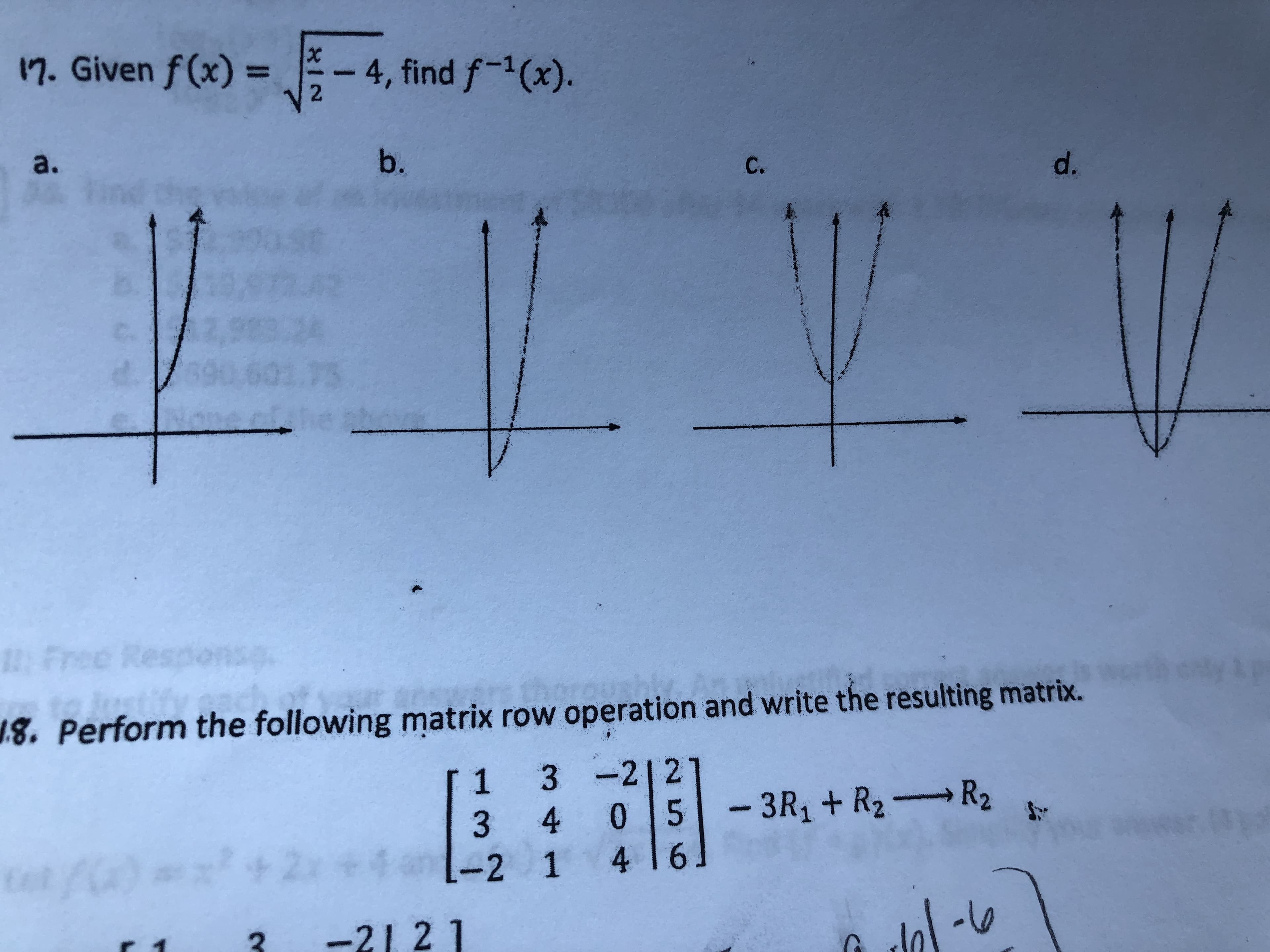 17. Given f (x) =
-4, find f-(x).
b.
d.
C.
a.
d.
