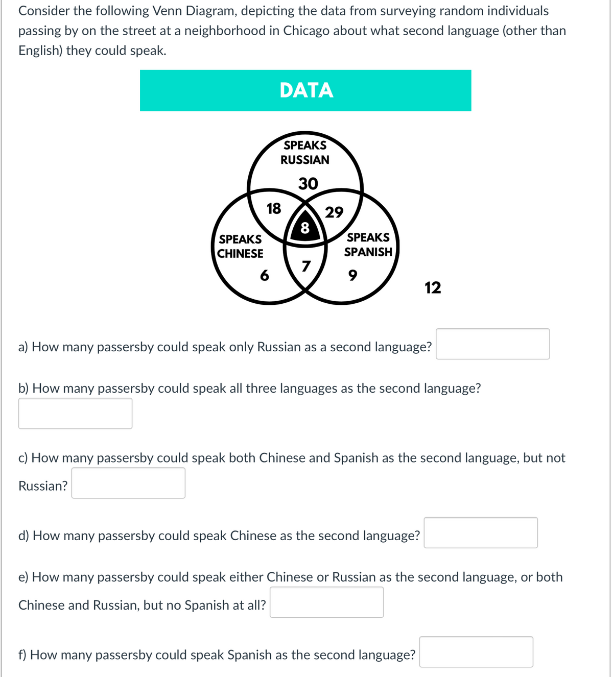 Consider the following Venn Diagram, depicting the data from surveying random individuals
passing by on the street at a neighborhood in Chicago about what second language (other than
English) they could speak.
SPEAKS
CHINESE
DATA
SPEAKS
RUSSIAN
30
18
8
7
29
SPEAKS
SPANISH
a) How many passersby could speak only Russian as a second language?
12
b) How many passersby could speak all three languages as the second language?
c) How many passersby could speak both Chinese and Spanish as the second language, but not
Russian?
d) How many passersby could speak Chinese as the second language?
e) How many passersby could speak either Chinese or Russian as the second language, or both
Chinese and Russian, but no Spanish at all?
f) How many passersby could speak Spanish as the second language?