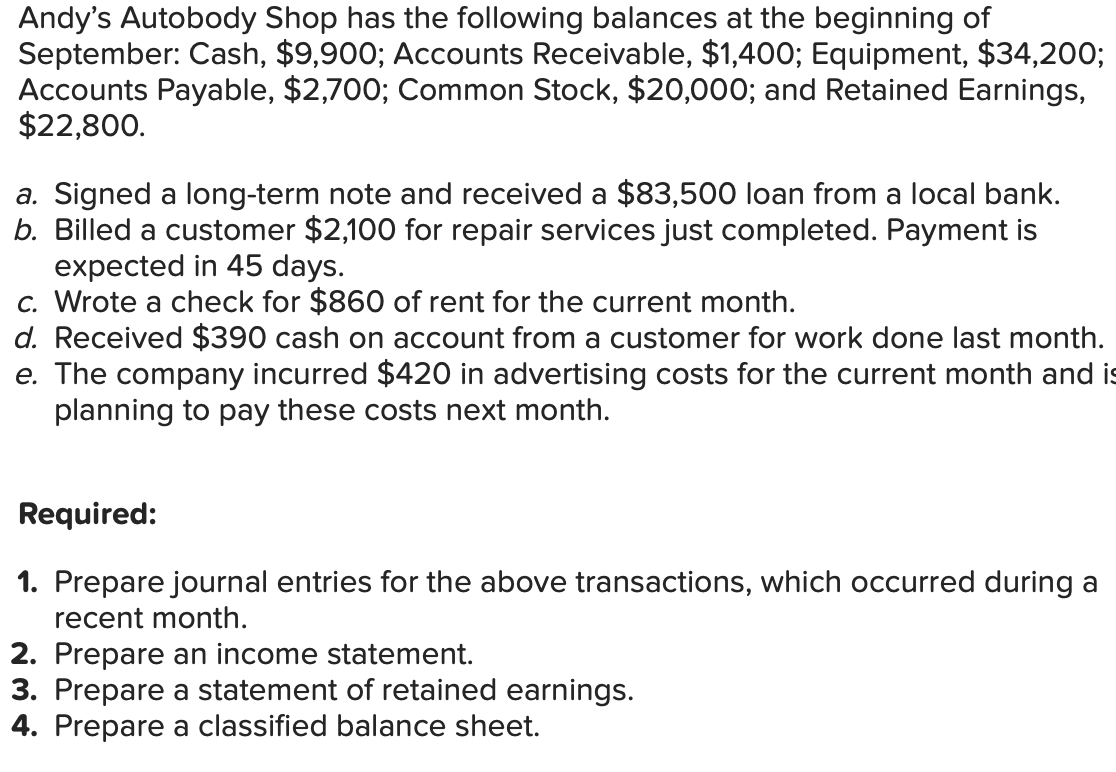 Andy's Autobody Shop has the following balances at the beginning of
September: Cash, $9,900; Accounts Receivable, $1,400; Equipment, $34,200;
Accounts Payable, $2,700; Common Stock, $20,000; and Retained Earnings,
$22,800.
a. Signed a long-term note and received a $83,500 loan from a local bank.
b. Billed a customer $2,100 for repair services just completed. Payment is
expected in 45 days.
c. Wrote a check for $860 of rent for the current month.
d. Received $390 cash on account from a customer for work done last month.
e. The company incurred $420 in advertising costs for the current month and is
planning to pay these costs next month.
Required:
1. Prepare journal entries for the above transactions, which occurred during a
recent month.
2. Prepare an income statement.
3. Prepare a statement of retained earnings.
4. Prepare a classified balance sheet.