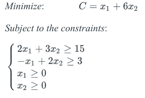 Minimize:
C = x₁ + 6x2
Subject to the constraints:
2x1 + 3x2 ≥ 15
-x₁ + 2x₂ ≥ 3
X1 ≥ 0
x2 > 0