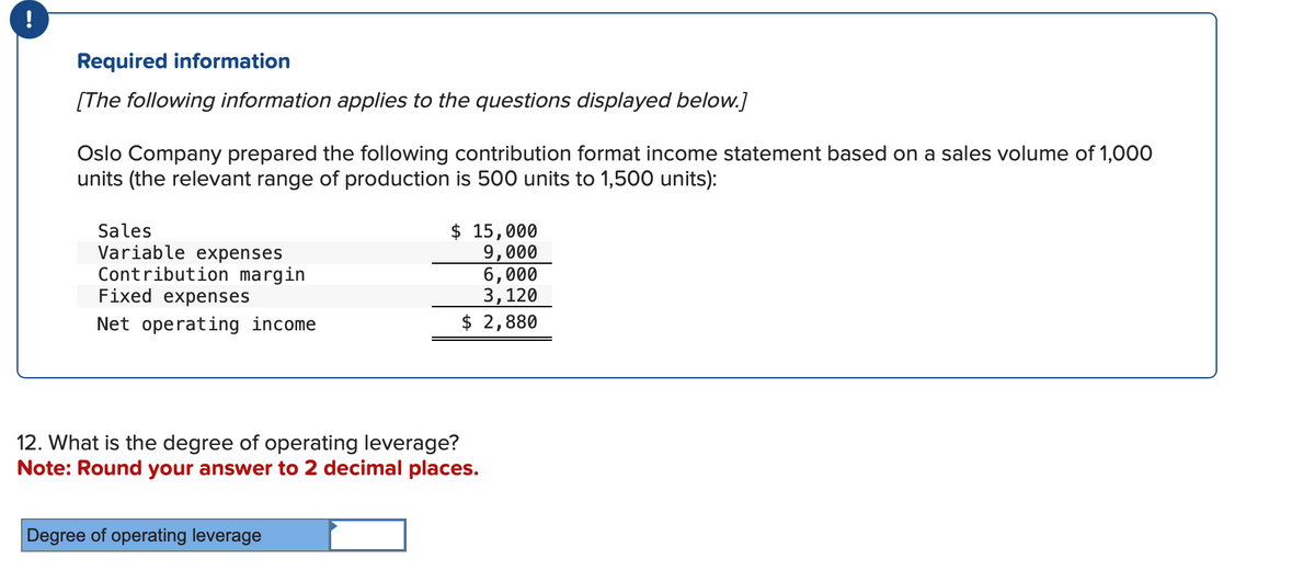 !
Required information
[The following information applies to the questions displayed below.]
Oslo Company prepared the following contribution format income statement based on a sales volume of 1,000
units (the relevant range of production is 500 units to 1,500 units):
Sales
Variable expenses
Contribution margin
Fixed expenses
Net operating income
$ 15,000
9,000
6,000
3,120
$ 2,880
12. What is the degree of operating leverage?
Note: Round your answer to 2 decimal places.
Degree of operating leverage