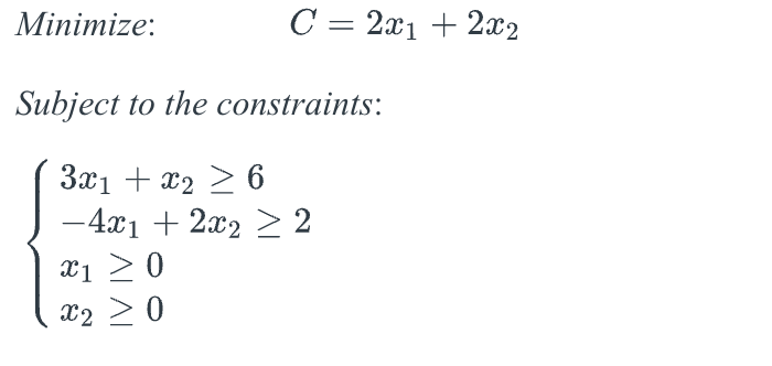 C = 2x1 + 2x2
Minimize:
Subject to the constraints:
3x1 + x₂ ≥ 6
x2
- 4x1 + 2x₂ ≥ 2
X1 ≥ 0
Xx2 > 0