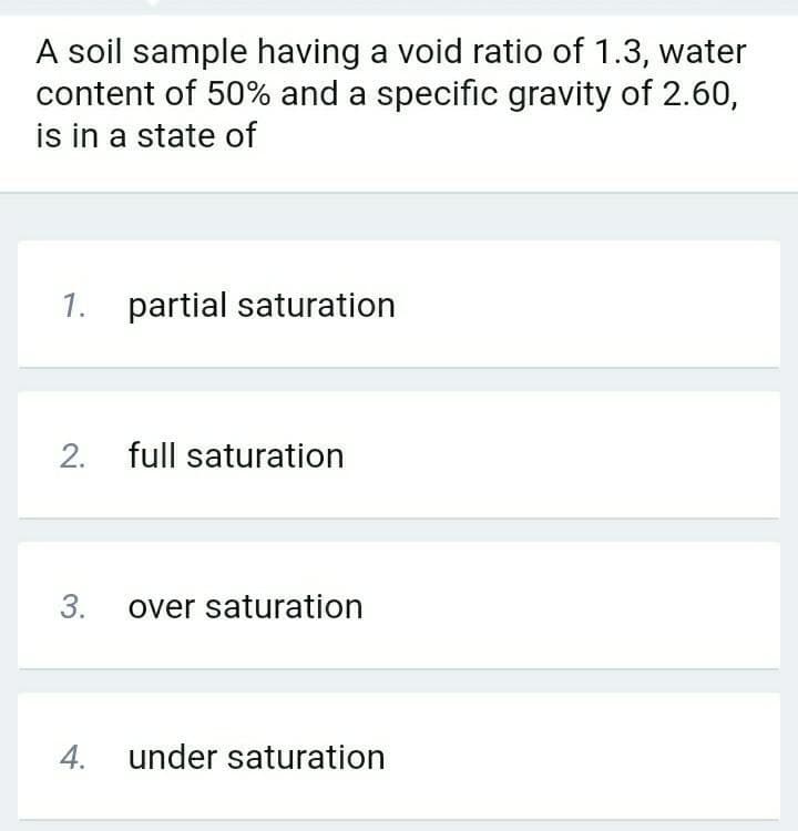 A soil sample having a void ratio of 1.3, water
content of 50% and a specific gravity of 2.60,
is in a state of
1. partial saturation
2.
full saturation
3. over saturation
4.
under saturation
