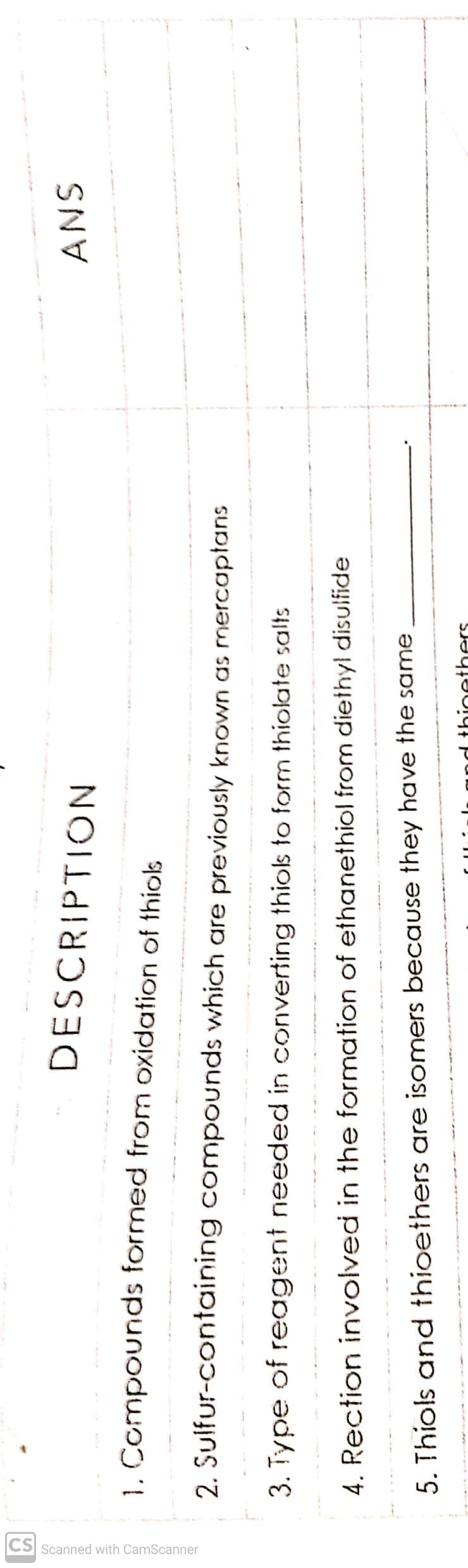 CS Scanned with CamScanner
DESCRIPTION
1. Compounds formed from oxidation of thiols
2. Sulfur-containing compounds which are previously known as mercaptans
3. Type of reagent needed in converting thiols to form thiolate salts
4. Rection involved in the formation of ethanethiol from diethyl disulfide
5. Thiols and thioethers are isomers because they have the same
thinethers
