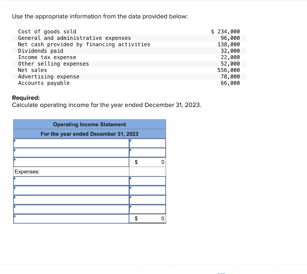 Use the appropriate information from the data provided below:
Cost of goods sold
General and administrative expenses
Net cash provided by financing activities
Dividends paid
Income tax expense
Other selling expenses
Net sales
Advertising expense
Accounts payable
Required:
Calculate operating income for the year ended December 31, 2023.
Expenses:
Operating Income Statement
For the year ended December 31, 2023
$
$
0
0
$ 234,000
96,000
138,000
32,000
22,000
52,000
556,000
78,000
66,000