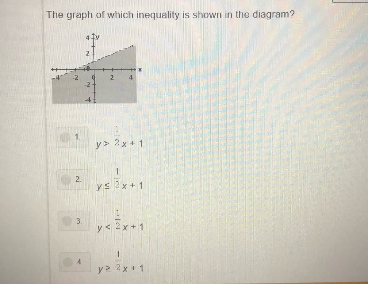 The graph of which inequality is shown in the diagram?
4 fy
2-
1.
y> 2 x + 1
1
2.
y< 2x + 1
3.
y< 2x+ 1
4.
y 2 2x + 1
1/2
1/2
