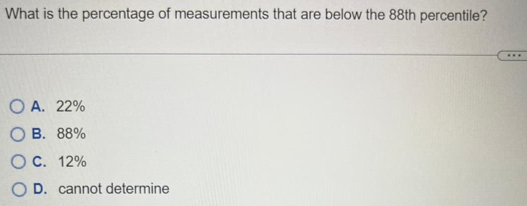 What is the percentage of measurements that are below the 88th percentile?
OA. 22%
OB. 88%
O C. 12%
O D. cannot determine
***