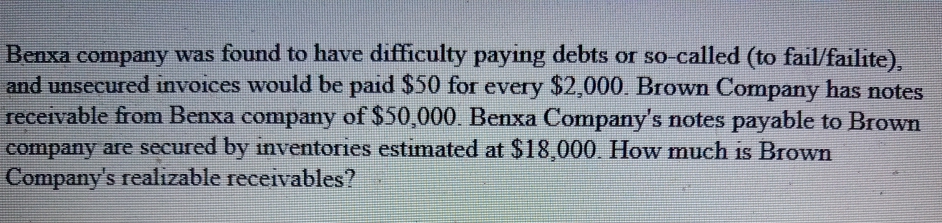 Benxa company was found to have difficulty payıng debts or so-called (to fail/failite),
and unsecured invoices would be paid $50 for every $2,000. Brown Company has notes
receivable from Benxa company of $50,000. Benxa Company's notes payable to Brown
company are secured by inventories estimated at $18,000 How much is Brown
Company's realızable receivables?
