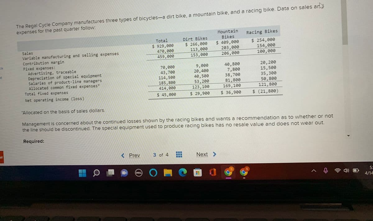 The Regal Cycle Company manufactures three types of bicycles-a dirt bike, a mountain bike, and a racing bike. Data on sales an
expenses for the past quarter follow:
Mountain
Bikes
Racing Bikes
Total
Dirt Bikes
$ 929,000
470,000
$ 266,000
113,000
153,000
$ 409,000
203,000
$ 254,000
154,000
100,000
Sales
Variable manufacturing and selling expenses
Contribution margin
459,000
206,000
ok
Fixed expenses:
Advertising, traceable
Depreciation of special equipment
Salaries of product-line managers
Allocated common fixed expenses*
Total fixed expenses
70,000
43,700
114,500
185,800
414,000
9,000
20,400
40,500
53,200
123,100
40,800
7,800
38,700
81,800
169,100
20,200
15,500
35,300
50,800
nt
121,800
Net operating income (loss)
$ 45,000
$ 29,900
$36,900
$ (21,800)
"Allocated on the basis of sales dollars.
Management is concerned about the continued losses shown by the racing bikes and wants a recommendation as to whether or not
the line should be discontinued. The special equipment used to produce racing bikes has no resale value and does not wear out.
Required:
< Prev
3 of 4
Next >
DELL
5:
4/14
