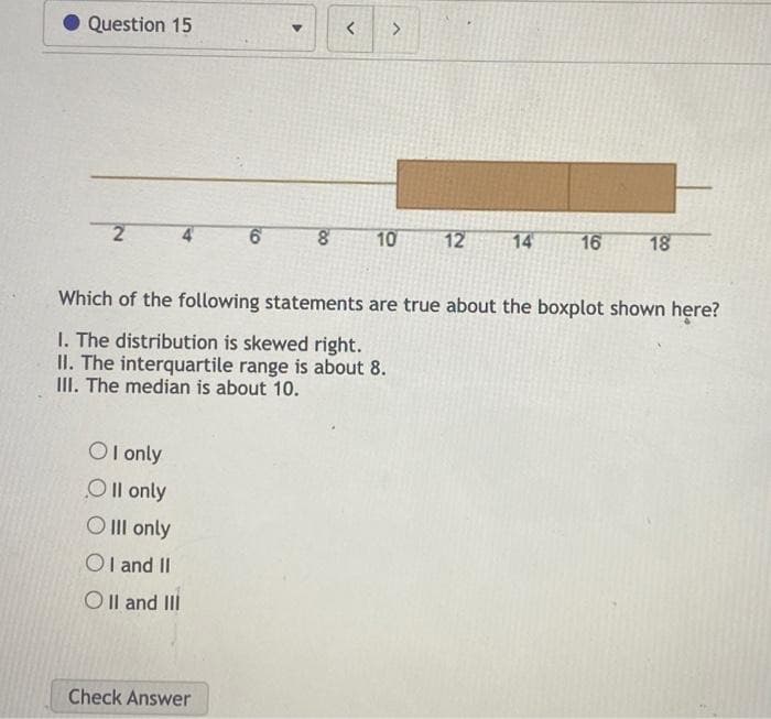 Question 15
2 4
Ol only
Oll only
O III only
OI and II
OII and III
6
Check Answer
8
<
10
12
14
Which of the following statements are true about the boxplot shown here?
1. The distribution is skewed right.
II. The interquartile range is about 8.
III. The median is about 10.
16 18