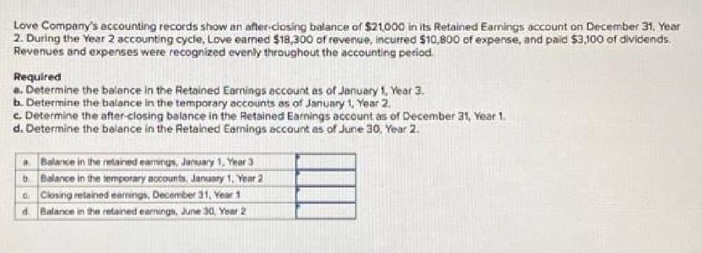 Love Company's accounting records show an after-closing balance of $21,000 in its Retained Earnings account on December 31, Year
2. During the Year 2 accounting cycle, Love earned $18,300 of revenue, incurred $10,800 of expense, and paid $3,100 of dividends.
Revenues and expenses were recognized evenly throughout the accounting period.
Required
a. Determine the balance in the Retained Earnings account as of January 1, Year 3.
b. Determine the balance in the temporary accounts as of January 1, Year 2
c. Determine the after-closing balance in the Retained Earnings account as of December 31, Year 1.
d. Determine the balance in the Retained Earnings account as of June 30, Year 2.
Balance in the retained earnings, January 1, Year 3
b.
Balance in the temporary accounts, January 1, Year 2
c. Closing retained earings, December 31, Year 1
d Balance in the retained earnings, June 30, Year 2