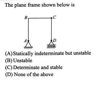 The plane frame shown below is
B
C
(A) Statically indeterminate but unstable
(B) Unstable
(C) Determinate and stable
(D) None of the above
