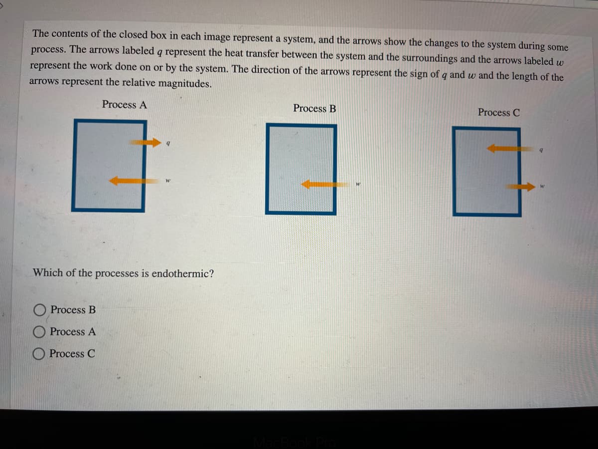 The contents of the closed box in each image represent a system, and the arrows show the changes to the system during some
process. The arrows labeled q represent the heat transfer between the system and the surroundings and the arrows labeled w
represent the work done on or by the system. The direction of the arrows represent the sign of q and w and the length of the
arrows represent the relative magnitudes.
Process A
Process B
Process C
Which of the processes is endothermic?
Process B
Process A
O Process C
