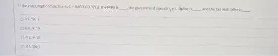 the consumiptionfonction isC-S00ONY). he MPS ls
the govermnent spencng multipler is and the tax altiplier is
