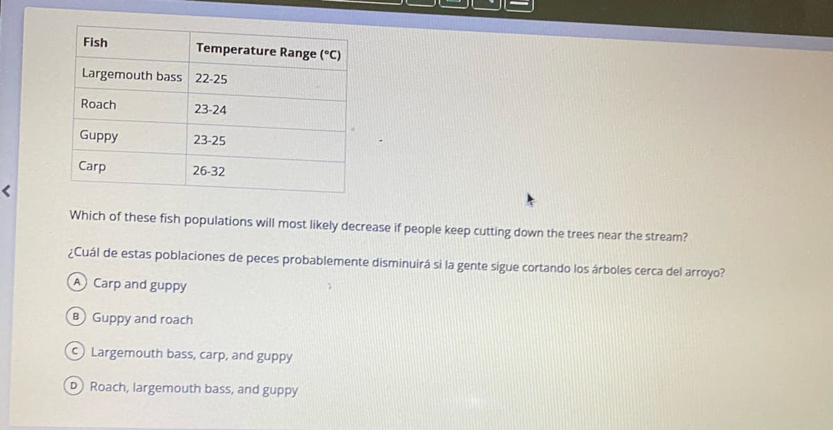 Fish
Temperature Range (°C)
Largemouth bass 22-25
Roach
23-24
Guppy
23-25
Carp
26-32
Which of these fish populations will most likely decrease if people keep cutting down the trees near the stream?
¿Cuál de estas poblaciones de peces probablemente disminuirá si la gente sigue cortando los árboles cerca del arroyo?
A Carp and guppy
B Guppy and roach
C Largemouth bass, carp, and guppy
D Roach, largemouth bass, and guppy
