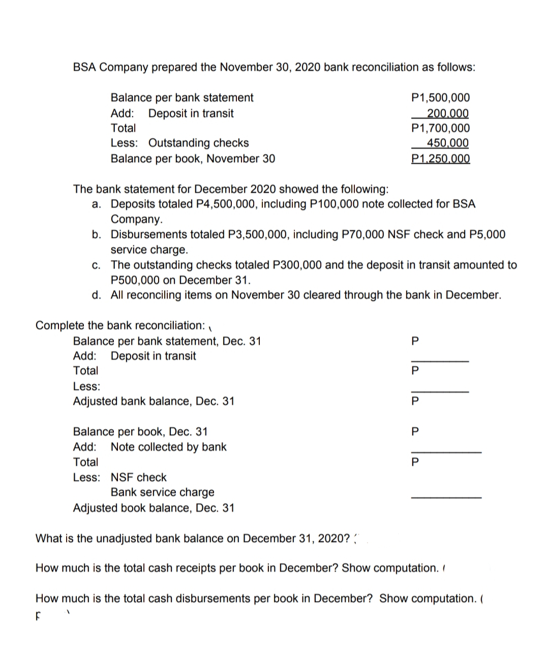 BSA Company prepared the November 30, 2020 bank reconciliation as follows:
Balance per bank statement
P1,500,000
200.000
P1,700,000
450,000
P1,250.000
Add: Deposit in transit
Total
Less: Outstanding checks
Balance per book, November 30
The bank statement for December 2020 showed the following:
a. Deposits totaled P4,500,000, including P100,000 note collected for BSA
Company.
b. Disbursements totaled P3,500,000, including P70,000 NSF check and P5,000
service charge.
c. The outstanding checks totaled P300,000 and the deposit in transit amounted to
P500,000 on December 31.
d. All reconciling items on November 30 cleared through the bank in December.
Complete the bank reconciliation:
Balance per bank statement, Dec. 31
Add:
Deposit in transit
Total
P
Less:
Adjusted bank balance, Dec. 31
Balance per book, Dec. 31
Note collected by bank
P
Add:
Total
Less: NSF check
Bank service charge
Adjusted book balance, Dec. 31
What is the unadjusted bank balance on December 31, 2020?
How much is the total cash receipts per book in December? Show computation. I
How much is the total cash disbursements per book in December? Show computation. (
