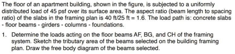 The floor of an apartment building, shown in the figure, is subjected to a uniformly
distributed load of 45 psf over its surface area. The aspect ratio (beam length to spacing
ratio) of the slabs in the framing plan is 40 ft/25 ft = 1.6. The load path is: concrete slabs
- floor beams - girders - columns - foundations.
1.
Determine the loads acting on the floor beams AF, BG, and CH of the framing
system. Sketch the tributary area of the beams selected on the building framing
plan. Draw the free body diagram of the beams selected.