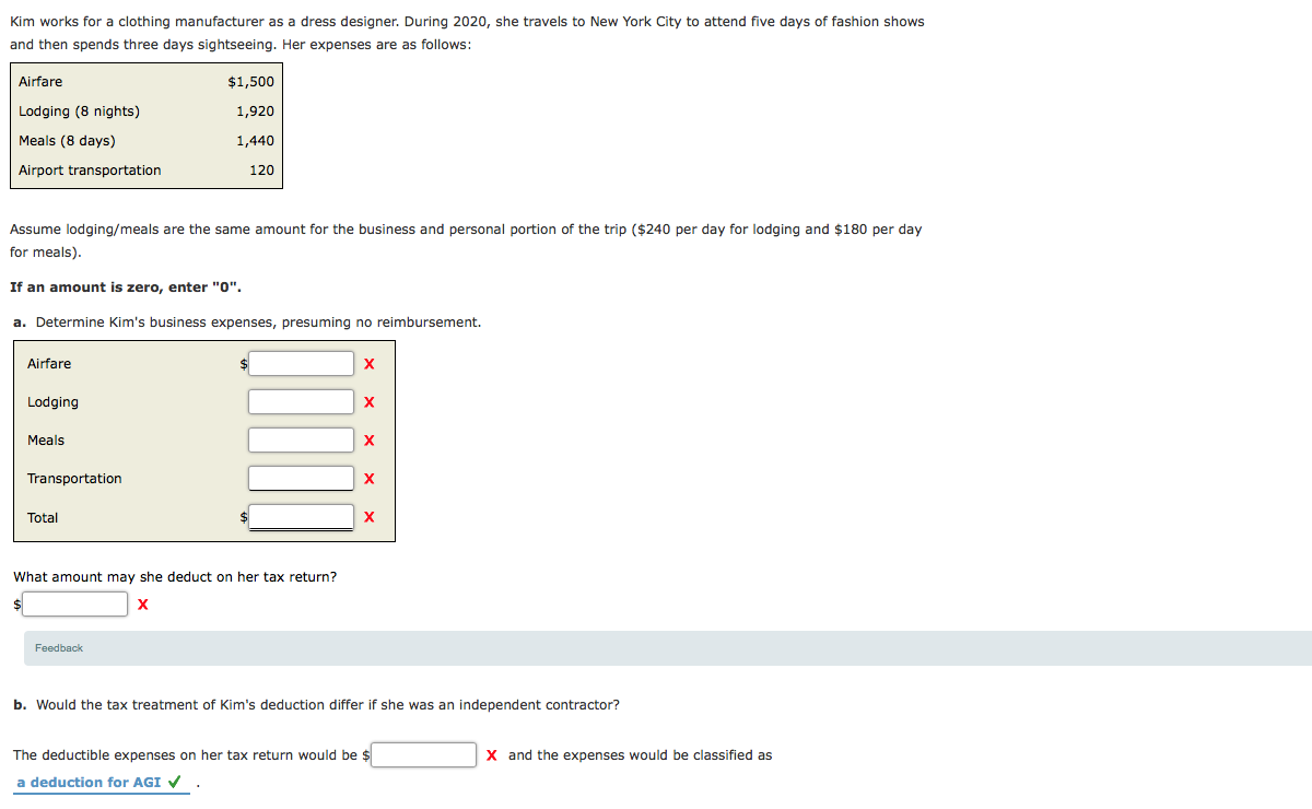 Kim works for a clothing manufacturer as a dress designer. During 2020, she travels to New York City to attend five days of fashion shows
and then spends three days sightseeing. Her expenses are as follows:
Airfare
$1,500
Lodging (8 nights)
1,920
Meals (8 days)
1,440
Airport transportation
120
Assume lodging/meals are the same amount for the business and personal portion of the trip ($240 per day for lodging and $180 per day
for meals).
If an amount is zero, enter "0".
a. Determine Kim's business expenses, presuming no reimbursement.
Airfare
Lodging
X
Мeals
Transportation
X
Total
What amount may she deduct on her tax return?
X
Feedback
b. Would the tax treatment of Kim's deduction differ if she was an independent contractor?
The deductible expenses on her tax return would be $
X and the expenses would be classified as
a deduction for AGI V
